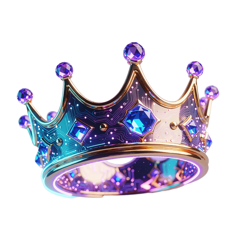 Guldkrone med safirbl&aring; krystal p&aring; en violet lysring - symbol for Winnas VIP-program fra Bronze til Nebula