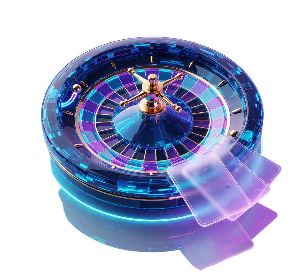 Roulettehjul af holografisk bl&aring;t glas med guldkugle og tre sv&aelig;vende kort - symbol p&aring; live roulette online hos Winna