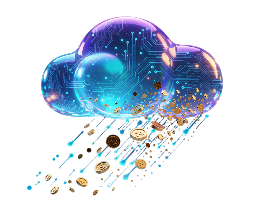 Holografisk glasssky med faldende guldm&oslash;nter og cyan lysdr&aring;ber - illustration af Chat Rain hos Winna