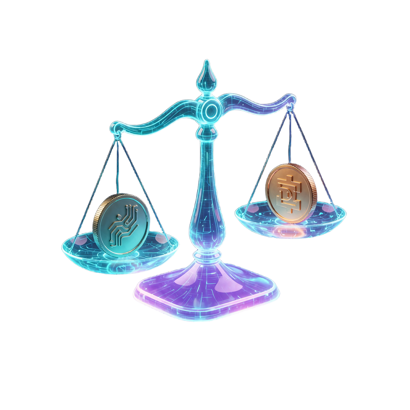 Holografisk v&aelig;gt i cyan lys med en teal og en ravfarvet m&oslash;nt i balance - forklaring af stablecoins
